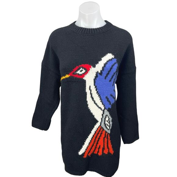 Akep Black Wool Knitted Bird Print Long Sleeve Pullover Mini Sweater Dress S/M - Picture 1 of 6